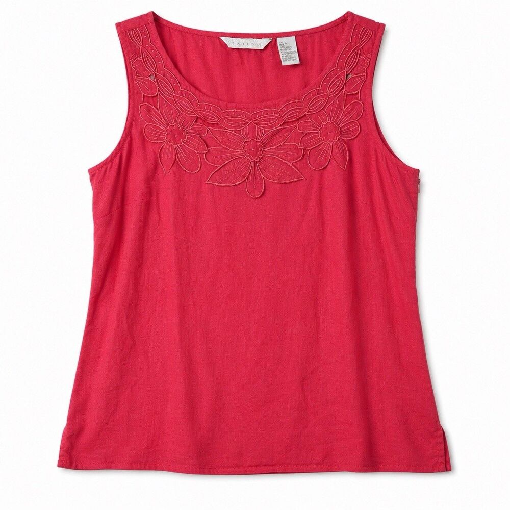 Tweeds Tank Top Women's Large Pink Linen Floral Embroidered Zip Side Square Neck